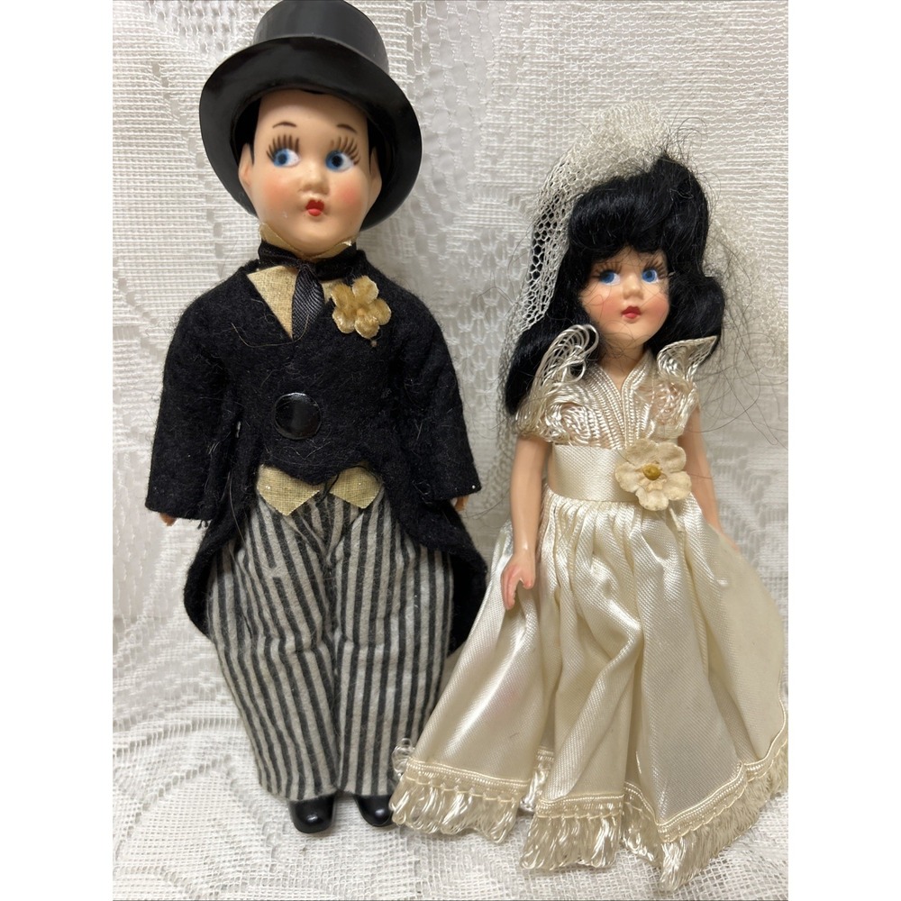 CUTE 1940'S 50'S Bride & Groom Dolls Wedding Cake Toppers Arms Move Hard Plastic